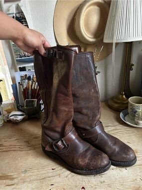 Frye Brown Leather Riding Boots with Buckle Detail